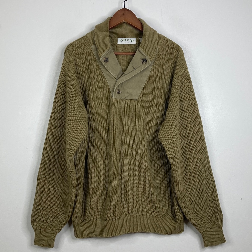 Orvis Sweater Mens Medium Khaki Cotton WW2 Mechanic Elbow Patch Shawl Collar